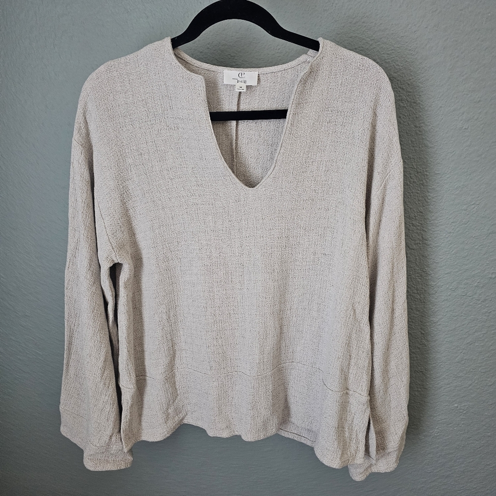 P Cill Pullover Blouse Linen Blend Textured Loose Fit V Neck  Size M Cream Color